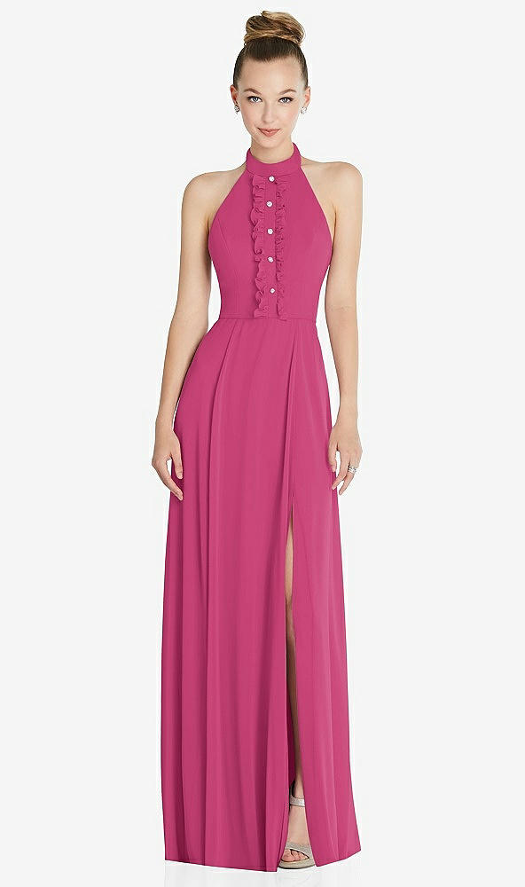 Front View - Tea Rose Halter Backless Maxi Dress with Crystal Button Ruffle Placket