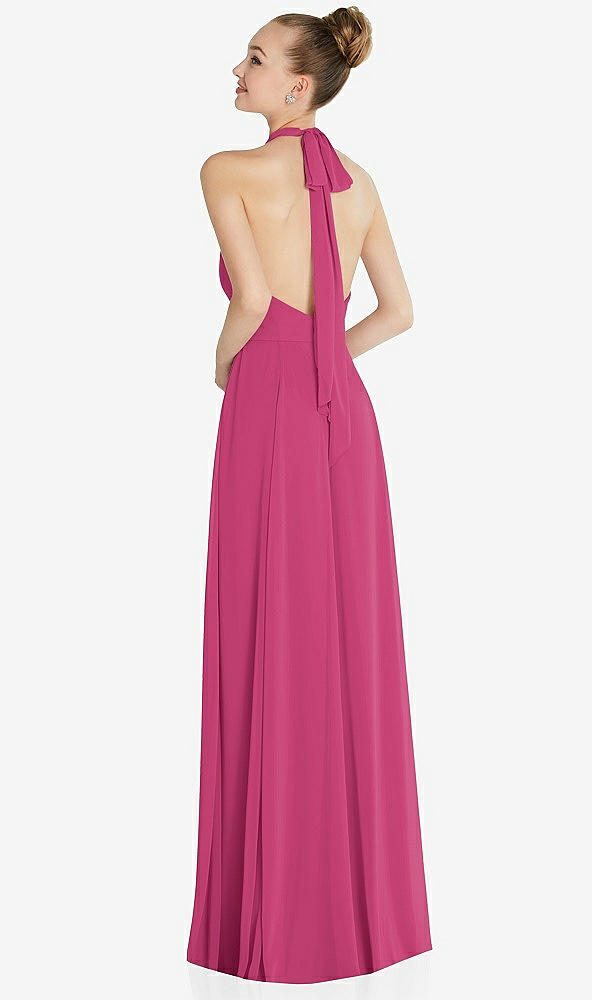 Back View - Tea Rose Halter Backless Maxi Dress with Crystal Button Ruffle Placket