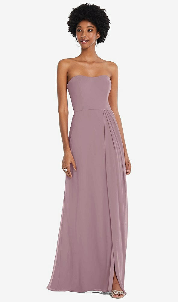 Front View - Dusty Rose Strapless Sweetheart Maxi Dress with Pleated Front Slit 