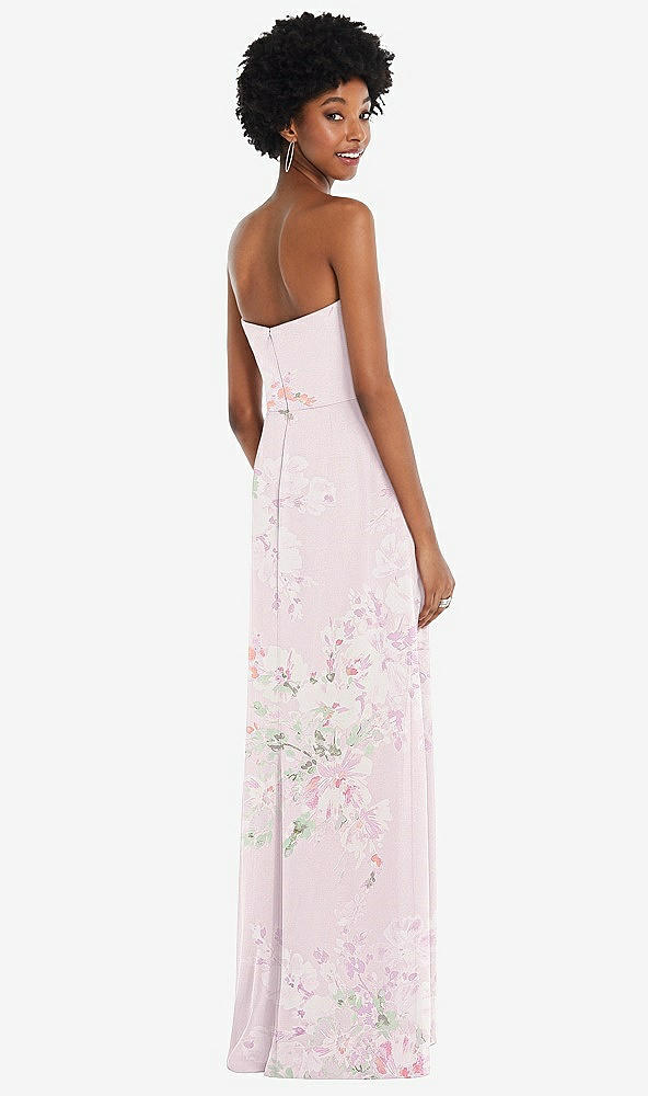 Back View - Watercolor Print Strapless Sweetheart Maxi Dress with Pleated Front Slit 