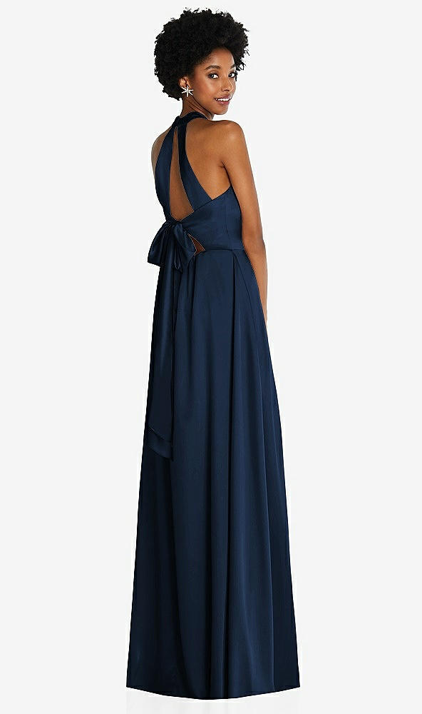Back View - Midnight Navy Stand Collar Cutout Tie Back Maxi Dress with Front Slit
