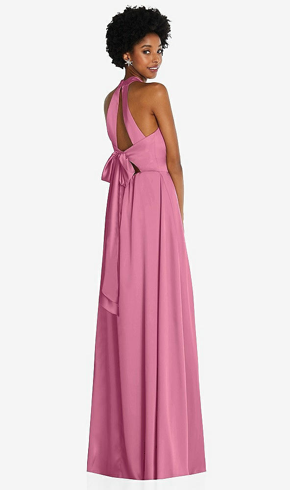 Back View - Orchid Pink Stand Collar Cutout Tie Back Maxi Dress with Front Slit