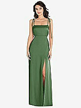 Front View Thumbnail - Vineyard Green Skinny Tie-Shoulder Satin Maxi Dress with Front Slit
