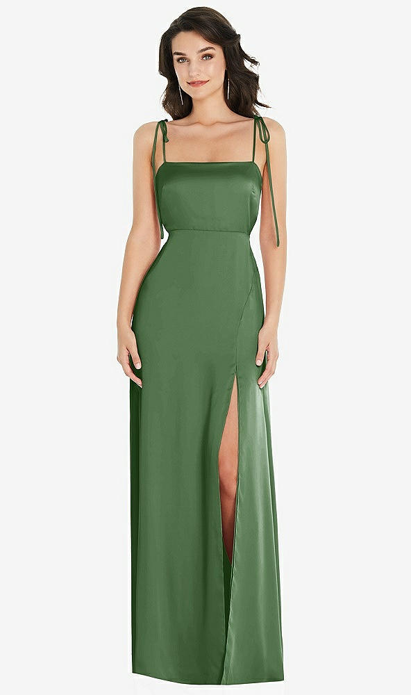 Front View - Vineyard Green Skinny Tie-Shoulder Satin Maxi Dress with Front Slit