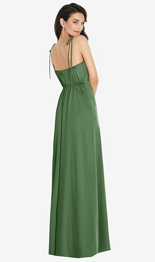 Back View - Vineyard Green Skinny Tie-Shoulder Satin Maxi Dress with Front Slit
