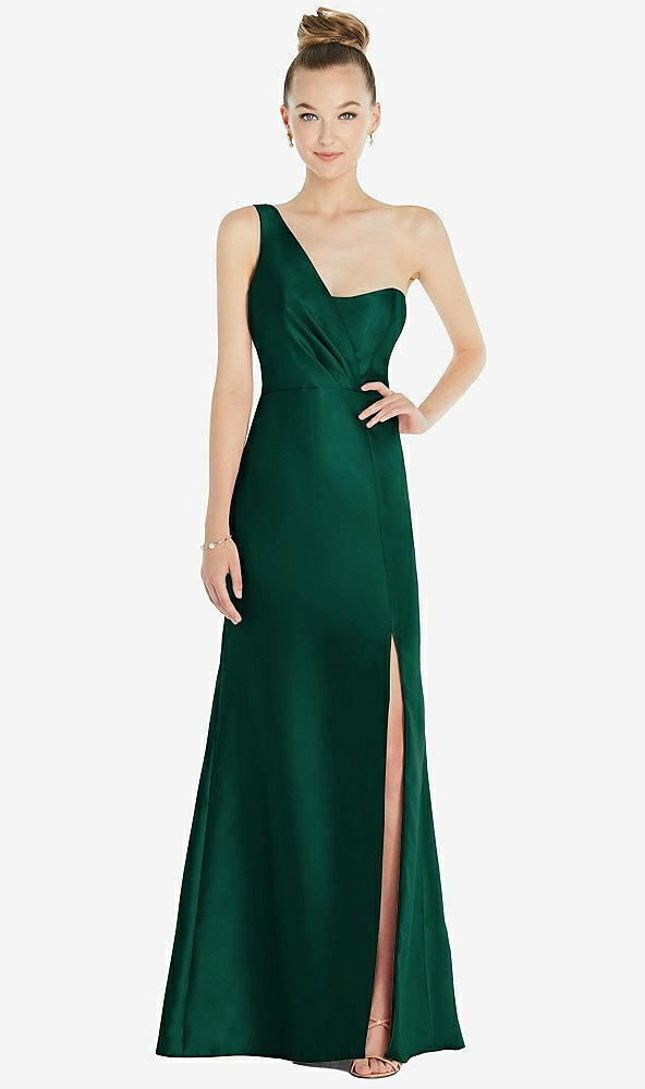 Front View - Hunter Green Draped One-Shoulder Satin Trumpet Gown with Front Slit