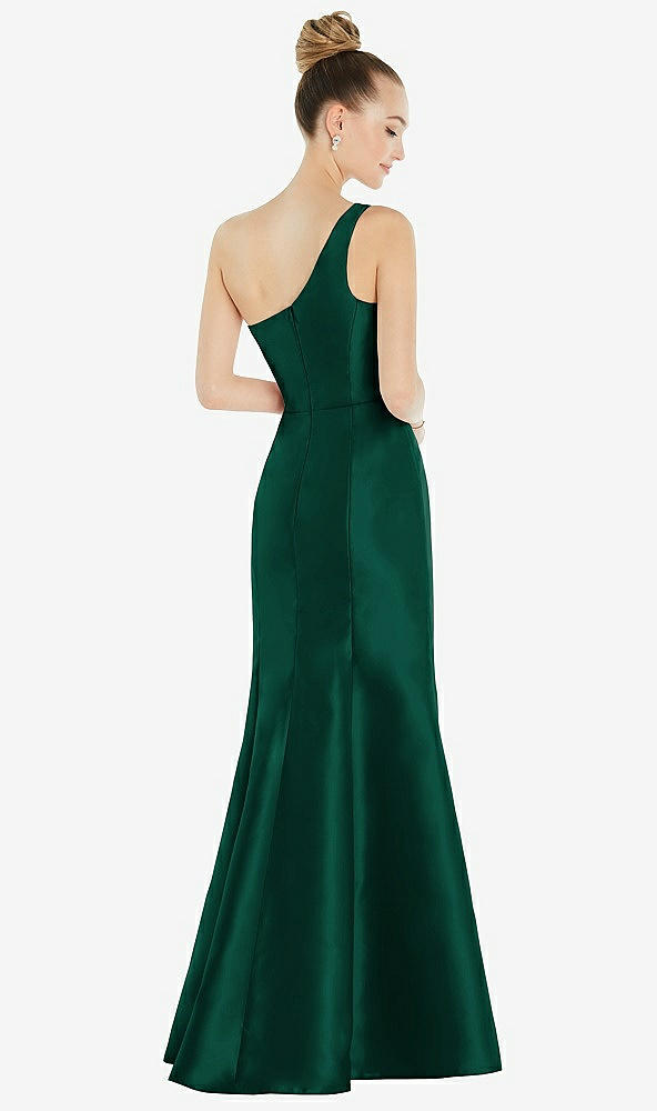 Back View - Hunter Green Draped One-Shoulder Satin Trumpet Gown with Front Slit