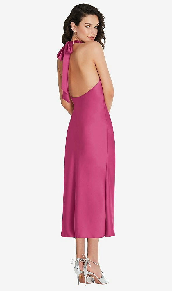 Back View - Tea Rose Scarf Tie High-Neck Halter Midi Slip Dress