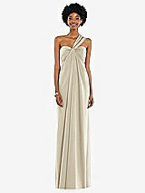 Alt View 7 Thumbnail - Champagne Draped Satin Grecian Column Gown with Convertible Straps