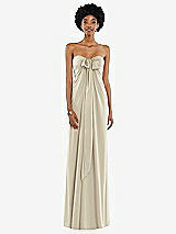 Front View Thumbnail - Champagne Draped Satin Grecian Column Gown with Convertible Straps