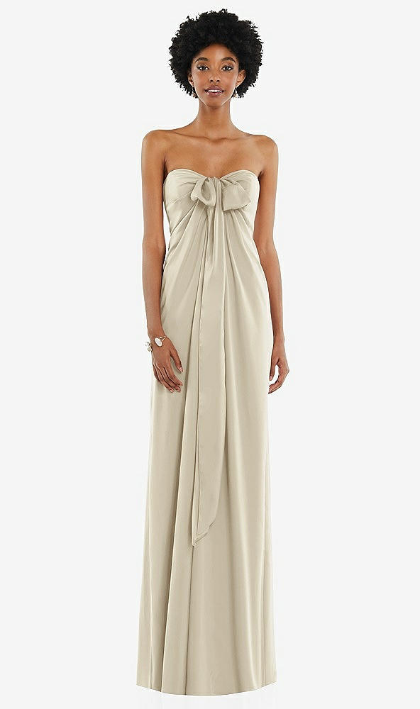 Front View - Champagne Draped Satin Grecian Column Gown with Convertible Straps