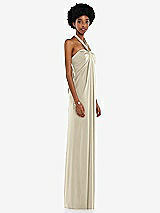 Side View Thumbnail - Champagne Draped Satin Grecian Column Gown with Convertible Straps