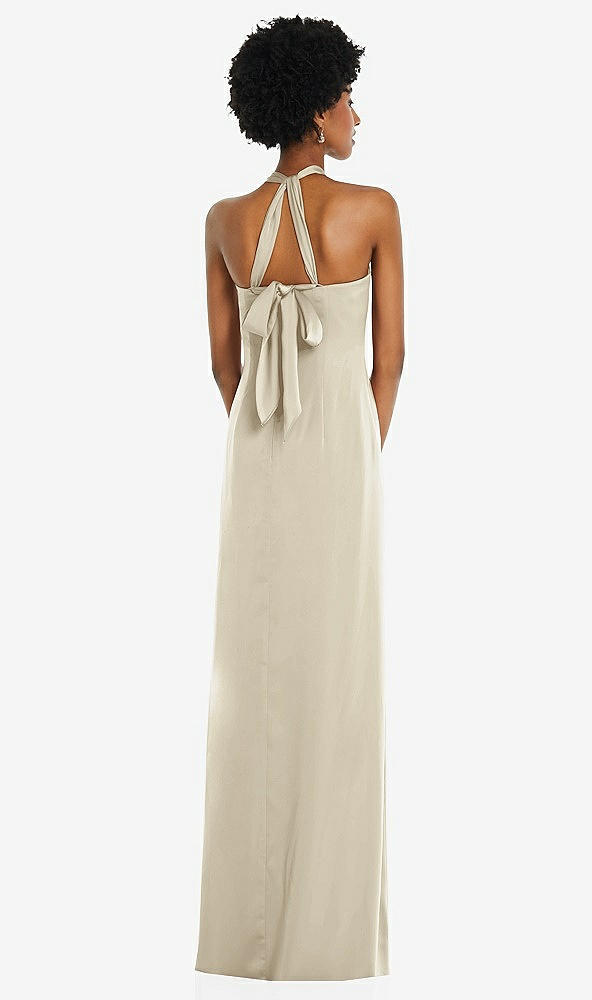 Back View - Champagne Draped Satin Grecian Column Gown with Convertible Straps