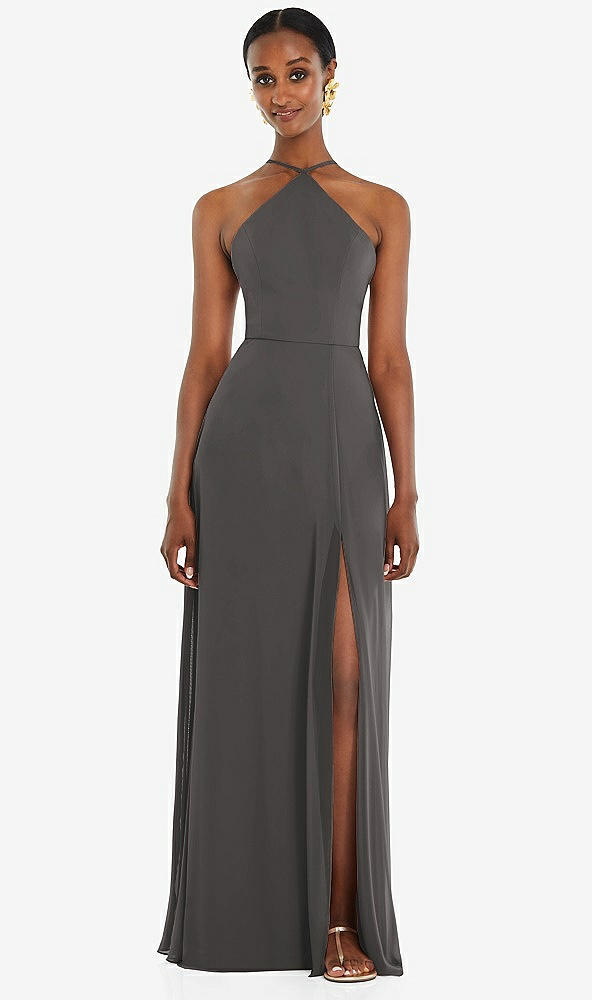 Front View - Caviar Gray Diamond Halter Maxi Dress with Adjustable Straps