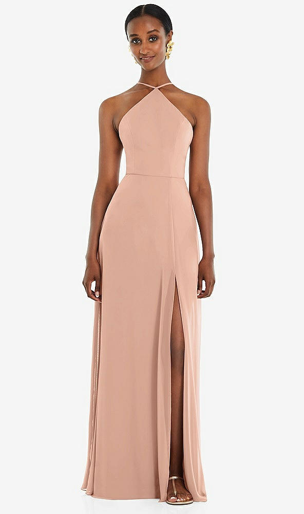 Front View - Pale Peach Diamond Halter Maxi Dress with Adjustable Straps
