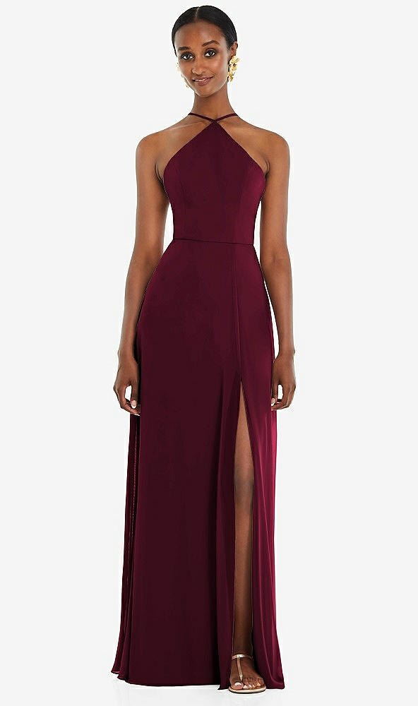 Front View - Cabernet Diamond Halter Maxi Dress with Adjustable Straps