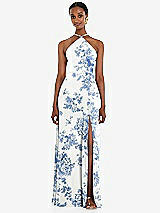 Front View Thumbnail - Cottage Rose Dusk Blue Diamond Halter Maxi Dress with Adjustable Straps