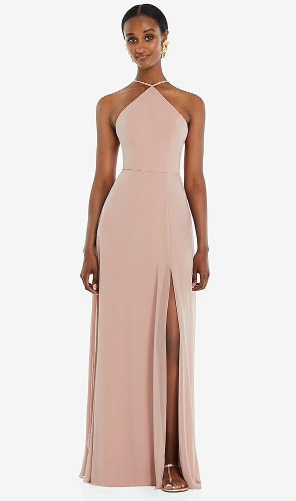 Front View - French Blue Diamond Halter Maxi Dress with Adjustable Straps