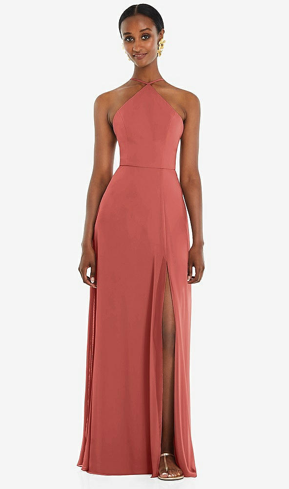 Front View - Coral Pink Diamond Halter Maxi Dress with Adjustable Straps