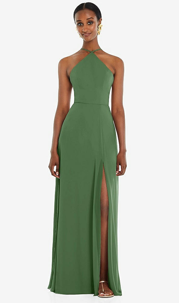 Front View - Vineyard Green Diamond Halter Maxi Dress with Adjustable Straps