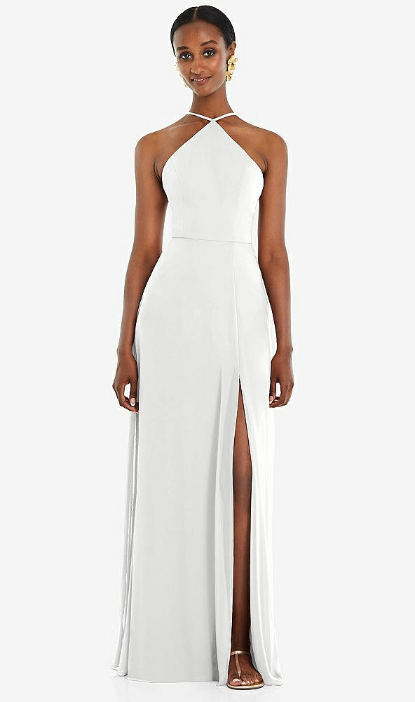Front View - White Diamond Halter Maxi Dress with Adjustable Straps