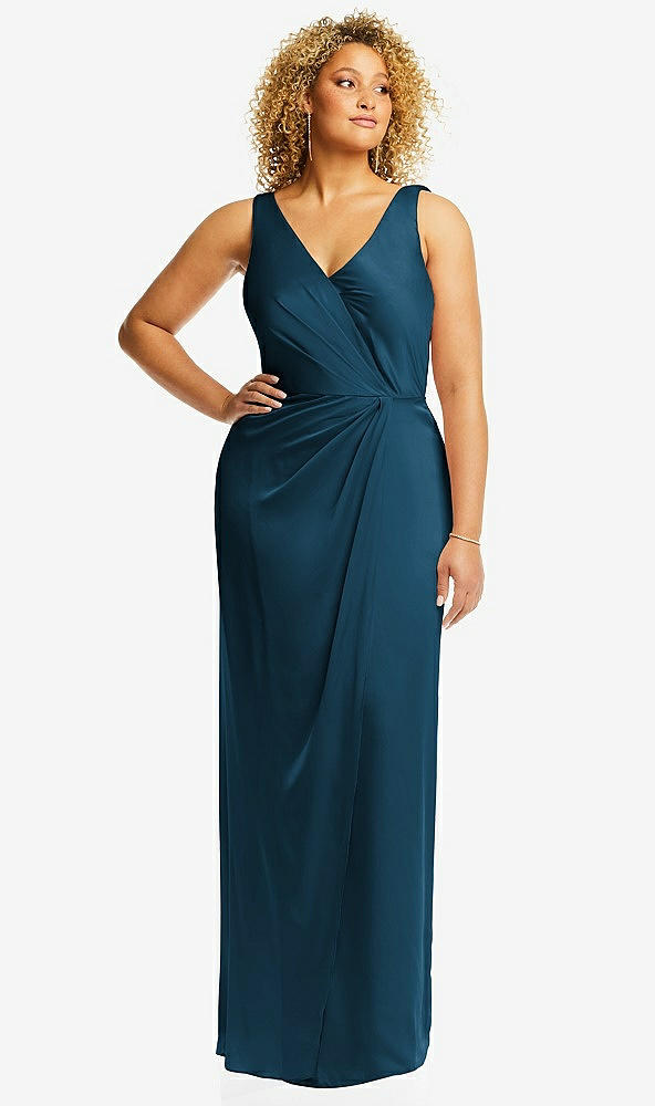Front View - Atlantic Blue Faux Wrap Whisper Satin Maxi Dress with Draped Tulip Skirt