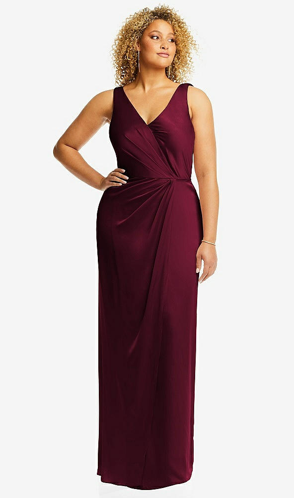 Front View - Cabernet Faux Wrap Whisper Satin Maxi Dress with Draped Tulip Skirt