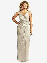Front View Thumbnail - Champagne Faux Wrap Whisper Satin Maxi Dress with Draped Tulip Skirt