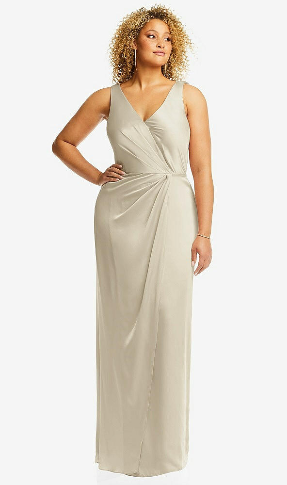 Front View - Champagne Faux Wrap Whisper Satin Maxi Dress with Draped Tulip Skirt