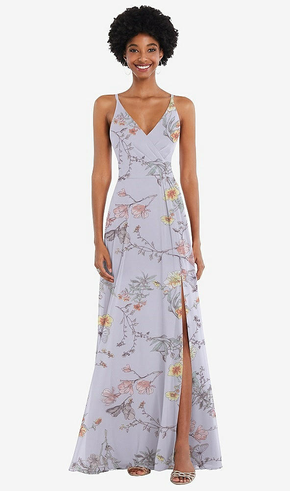 Front View - Butterfly Botanica Silver Dove Faux Wrap Criss Cross Back Maxi Dress with Adjustable Straps