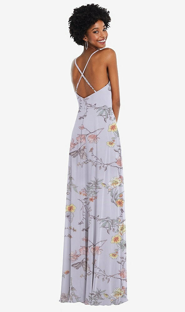 Back View - Butterfly Botanica Silver Dove Faux Wrap Criss Cross Back Maxi Dress with Adjustable Straps