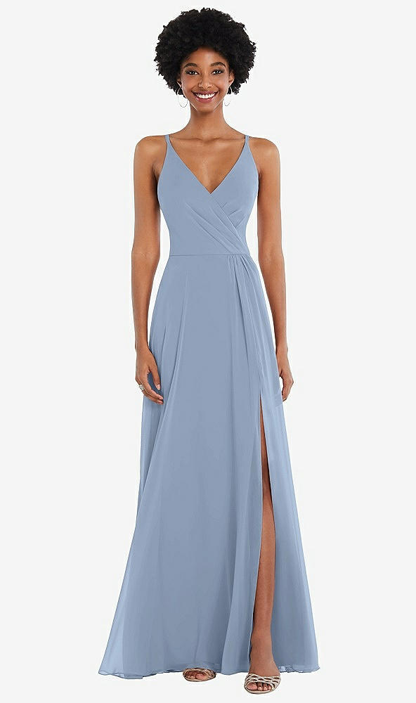 Front View - Cloudy Faux Wrap Criss Cross Back Maxi Dress with Adjustable Straps