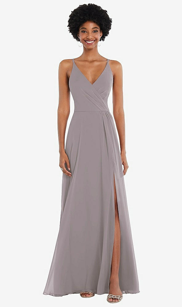 Front View - Cashmere Gray Faux Wrap Criss Cross Back Maxi Dress with Adjustable Straps