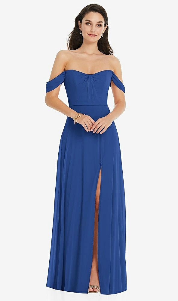 Front View - Classic Blue Off-the-Shoulder Draped Sleeve Maxi Dress with Front Slit