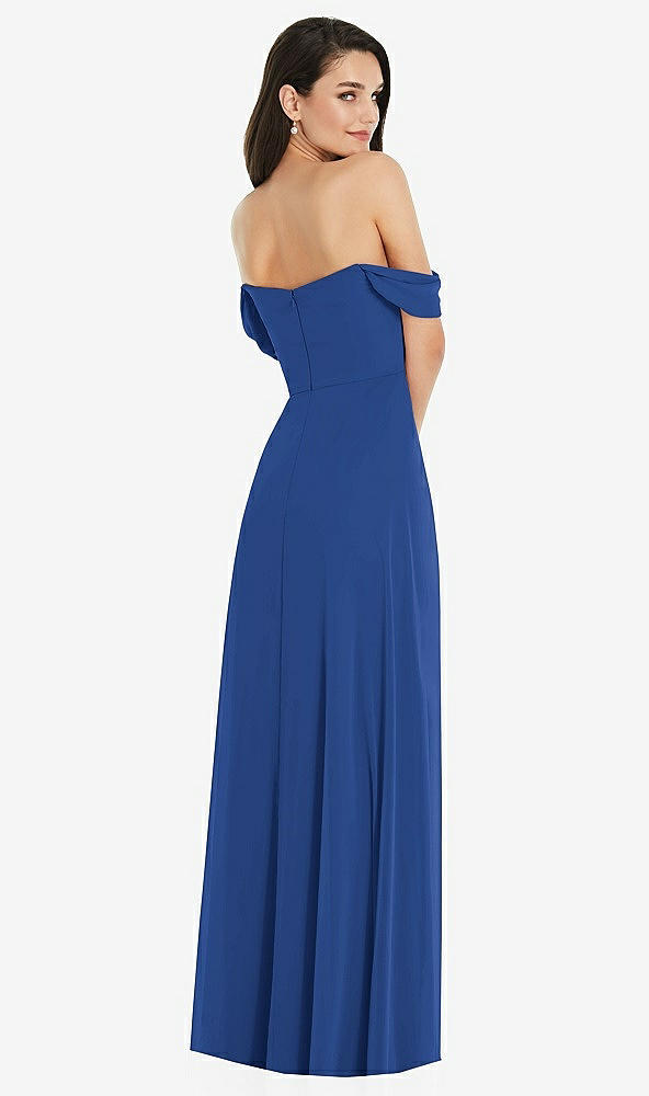 Back View - Classic Blue Off-the-Shoulder Draped Sleeve Maxi Dress with Front Slit