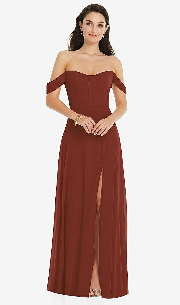Front View - Auburn Moon Off-the-Shoulder Draped Sleeve Maxi Dress with Front Slit