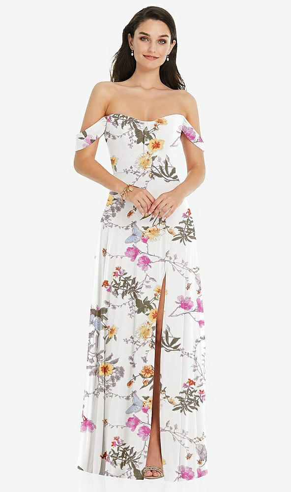 Front View - Butterfly Botanica Ivory Off-the-Shoulder Draped Sleeve Maxi Dress with Front Slit