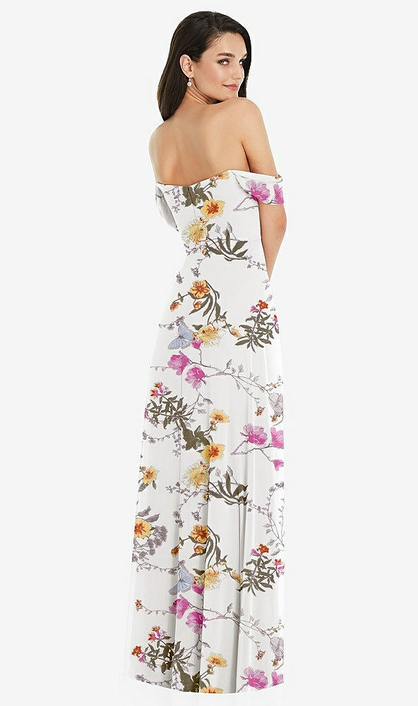 Back View - Butterfly Botanica Ivory Off-the-Shoulder Draped Sleeve Maxi Dress with Front Slit