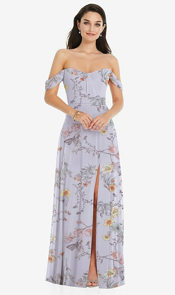Front View - Butterfly Botanica Silver Dove Off-the-Shoulder Draped Sleeve Maxi Dress with Front Slit