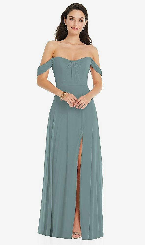 Front View - Icelandic Off-the-Shoulder Draped Sleeve Maxi Dress with Front Slit