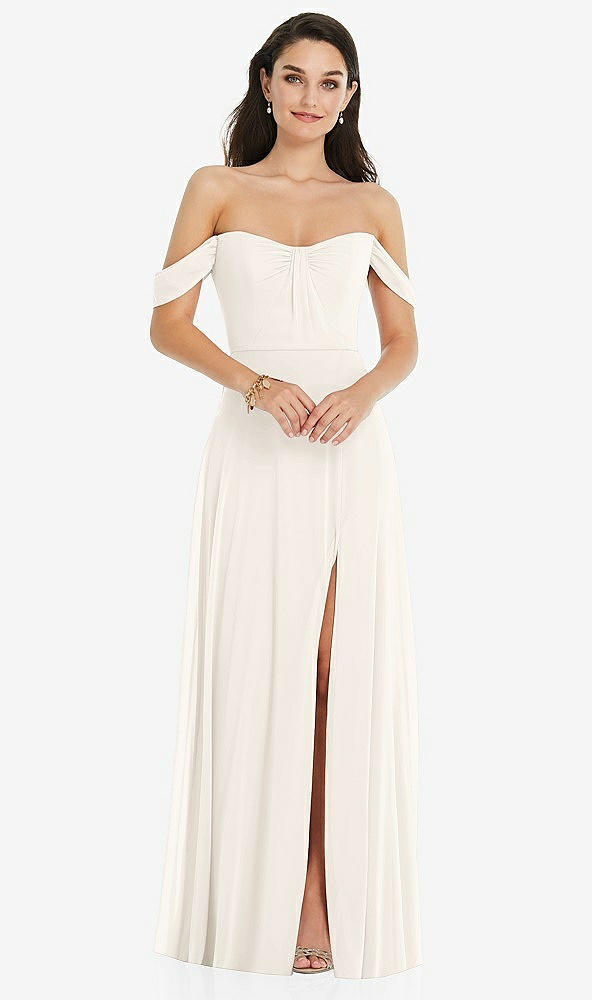 Front View - Ivory Off-the-Shoulder Draped Sleeve Maxi Dress with Front Slit
