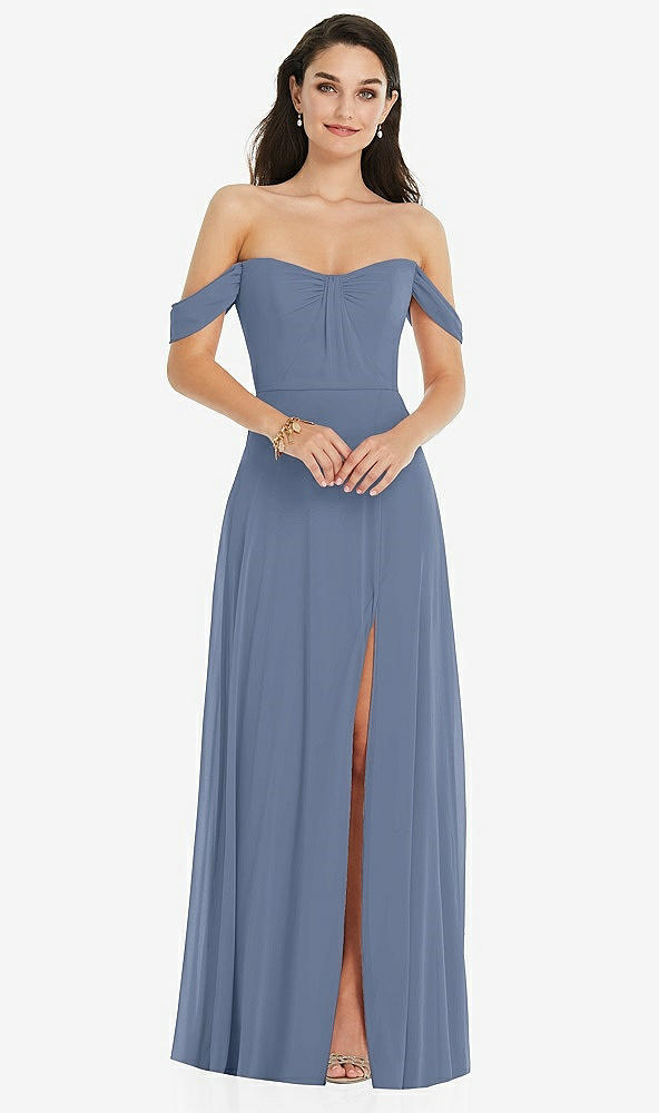 Front View - Larkspur Blue Off-the-Shoulder Draped Sleeve Maxi Dress with Front Slit