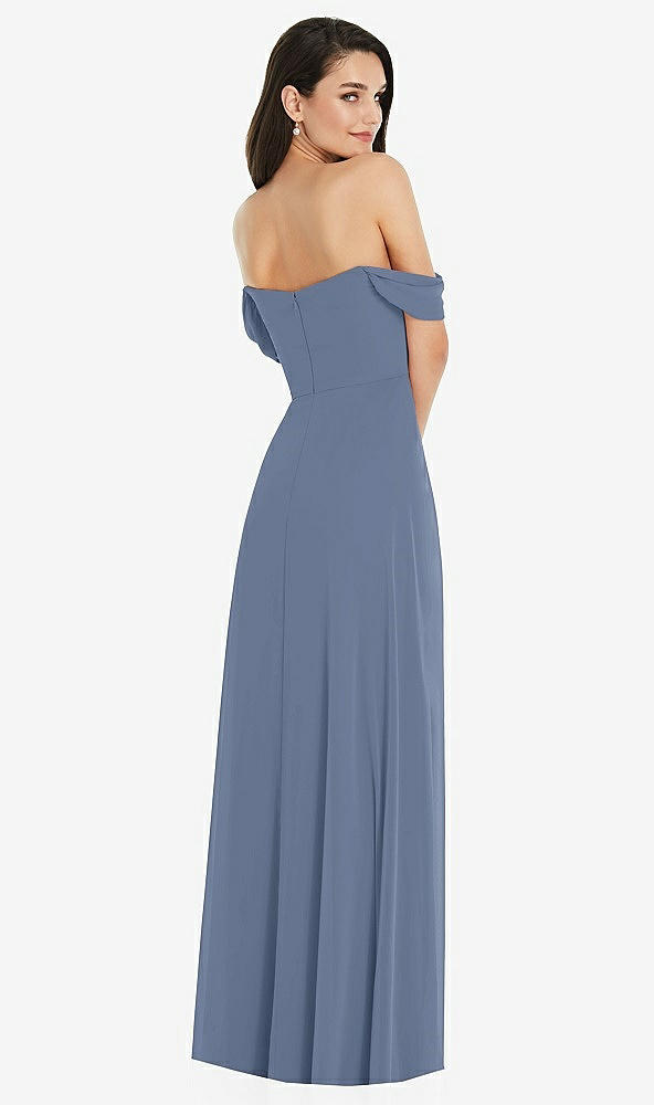 Back View - Larkspur Blue Off-the-Shoulder Draped Sleeve Maxi Dress with Front Slit