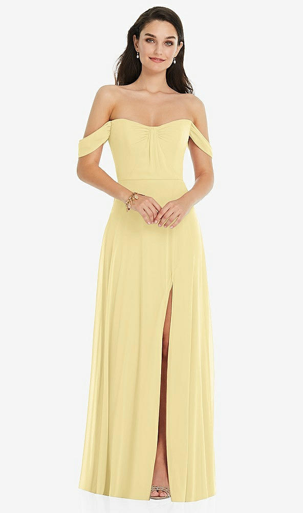 Front View - Pale Yellow Off-the-Shoulder Draped Sleeve Maxi Dress with Front Slit