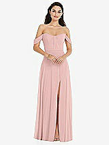 Front View Thumbnail - Rose - PANTONE Rose Quartz Off-the-Shoulder Draped Sleeve Maxi Dress with Front Slit