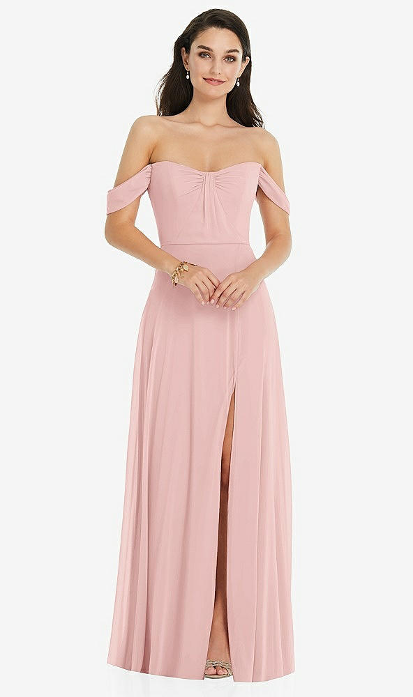 Front View - Rose - PANTONE Rose Quartz Off-the-Shoulder Draped Sleeve Maxi Dress with Front Slit