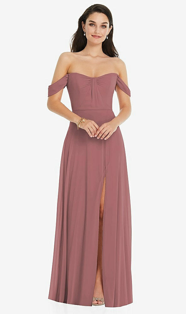 Front View - Rosewood Off-the-Shoulder Draped Sleeve Maxi Dress with Front Slit