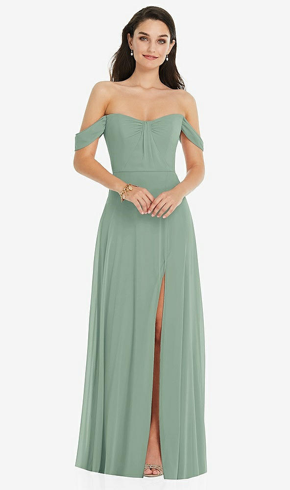 Front View - Seagrass Off-the-Shoulder Draped Sleeve Maxi Dress with Front Slit