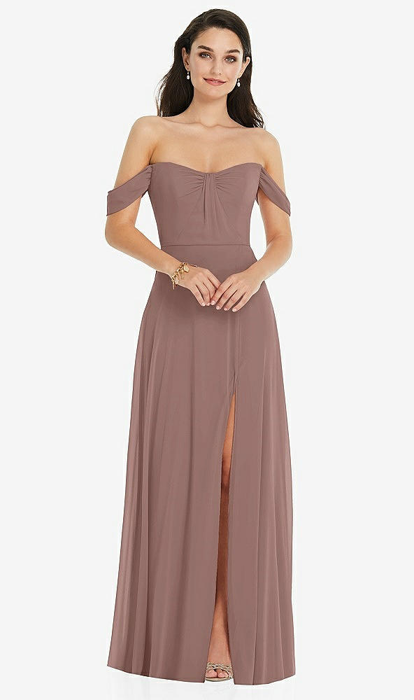 Front View - Sienna Off-the-Shoulder Draped Sleeve Maxi Dress with Front Slit