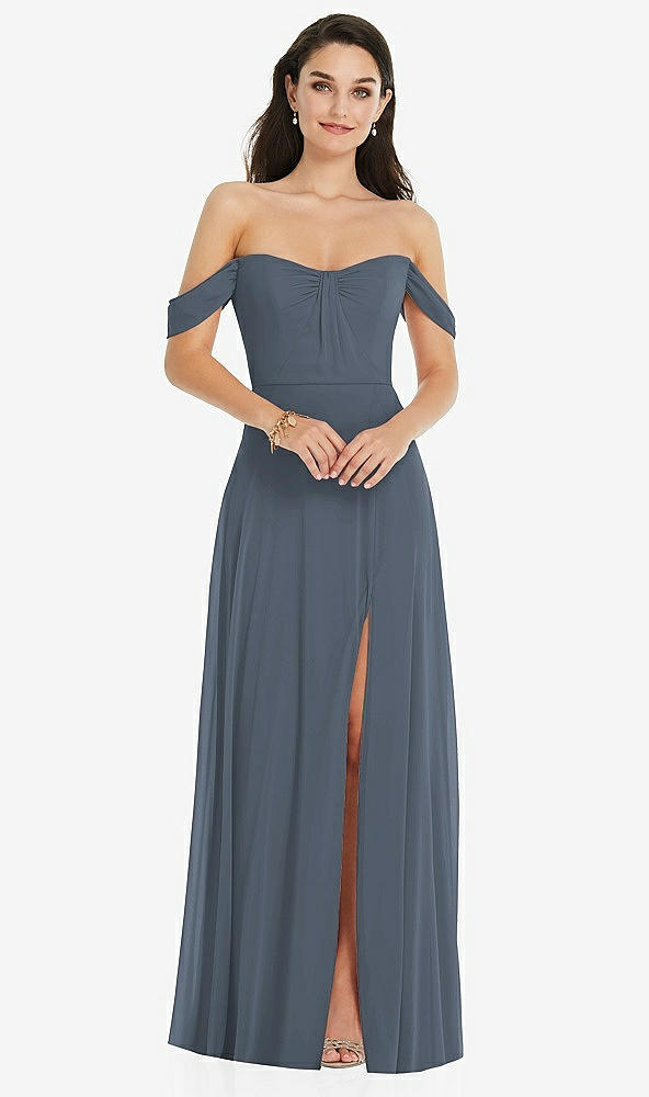 Front View - Silverstone Off-the-Shoulder Draped Sleeve Maxi Dress with Front Slit